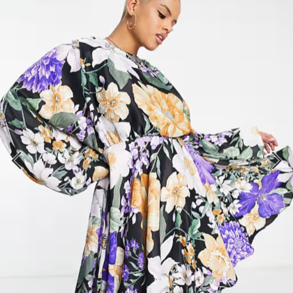 ASOS Edition Curve Floral Mini Dress Voluminous Sleeve Purple Black BNWT US 24 - Picture 3 of 9